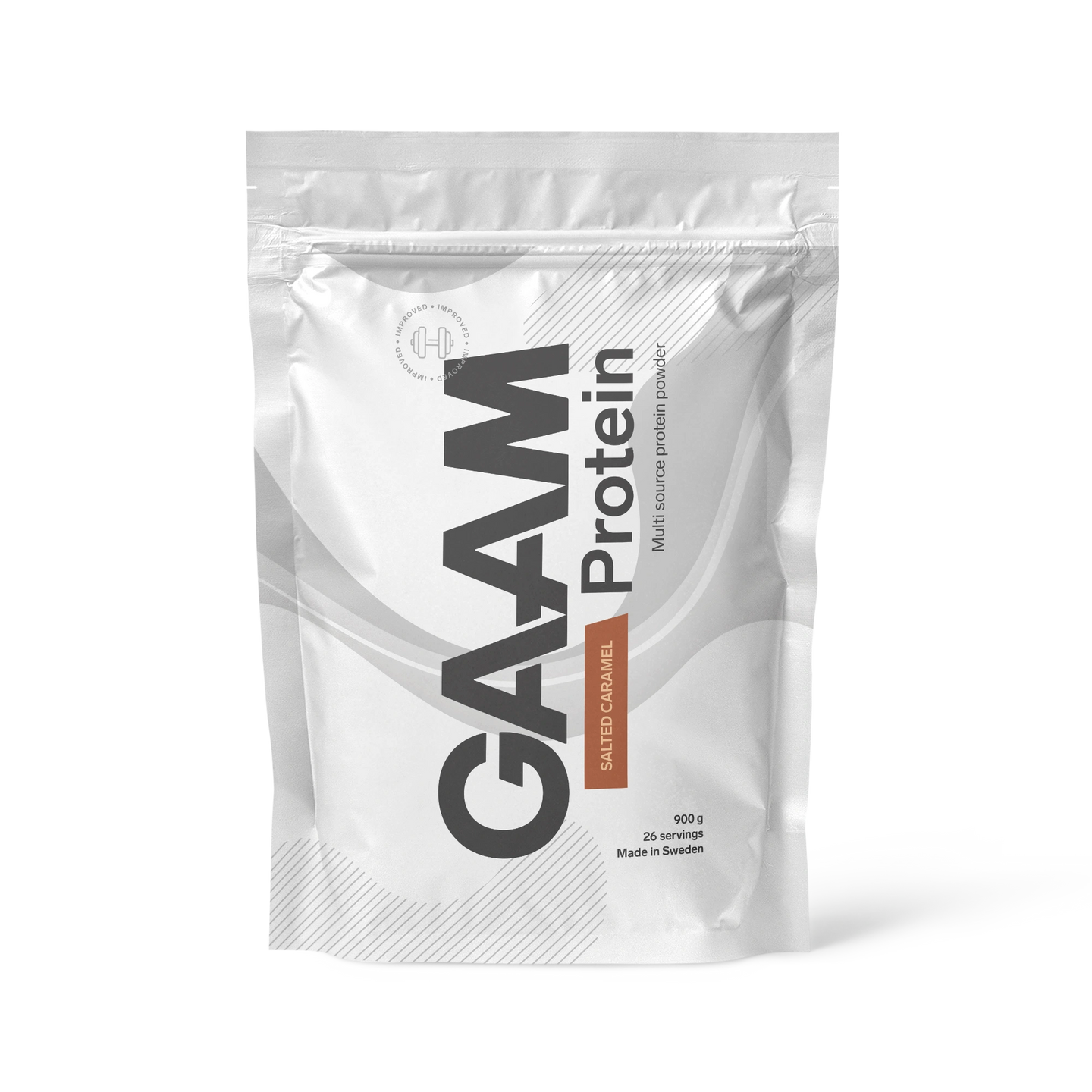 GAAM Protein 900 g -proteiinijauhe valkoisessa pussissa ruskeilla yksityiskohdilla, makuna Salted Caramel., kuva 4/4