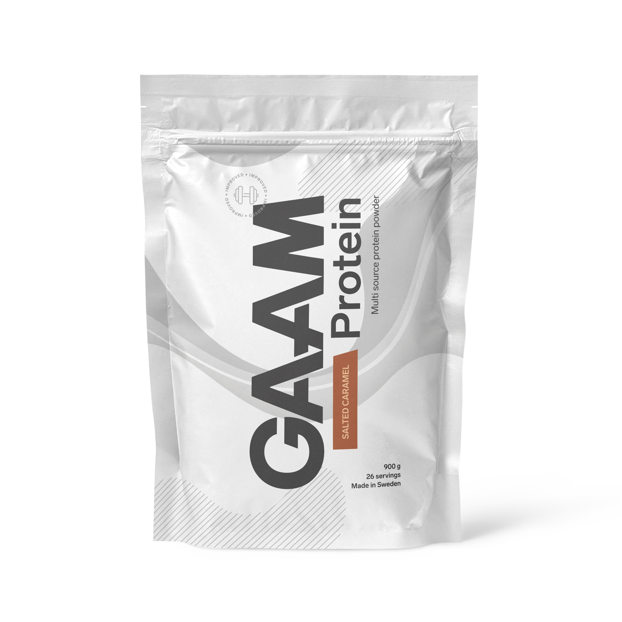 GAAM Protein 900 g -proteiinijauhe valkoisessa pussissa ruskeilla yksityiskohdilla, makuna Salted Caramel., kuva 4/4