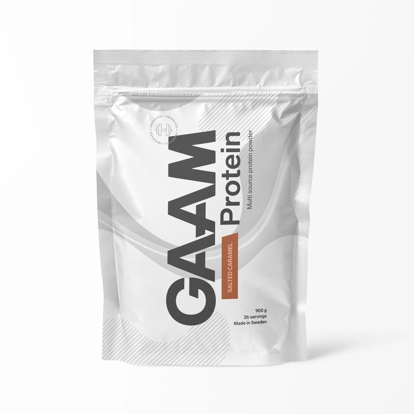 GAAM Protein 900 g -proteiinijauhe valkoisessa pussissa ruskeilla yksityiskohdilla, makuna Salted Caramel., kuva 4/6