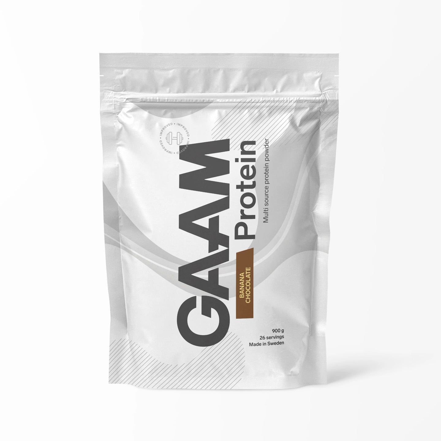 GAAM Protein 900 g -proteiinijauhe valkoisessa pussissa ruskeilla yksityiskohdilla, makuna Banana Chocolate., kuva 5/6