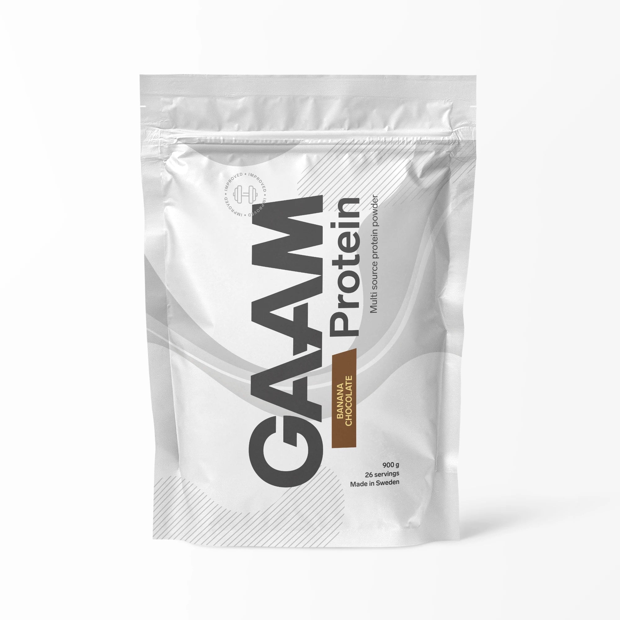 GAAM Protein 900 g -proteiinijauhe valkoisessa pussissa ruskeilla yksityiskohdilla, makuna Banana Chocolate., kuva 5/6