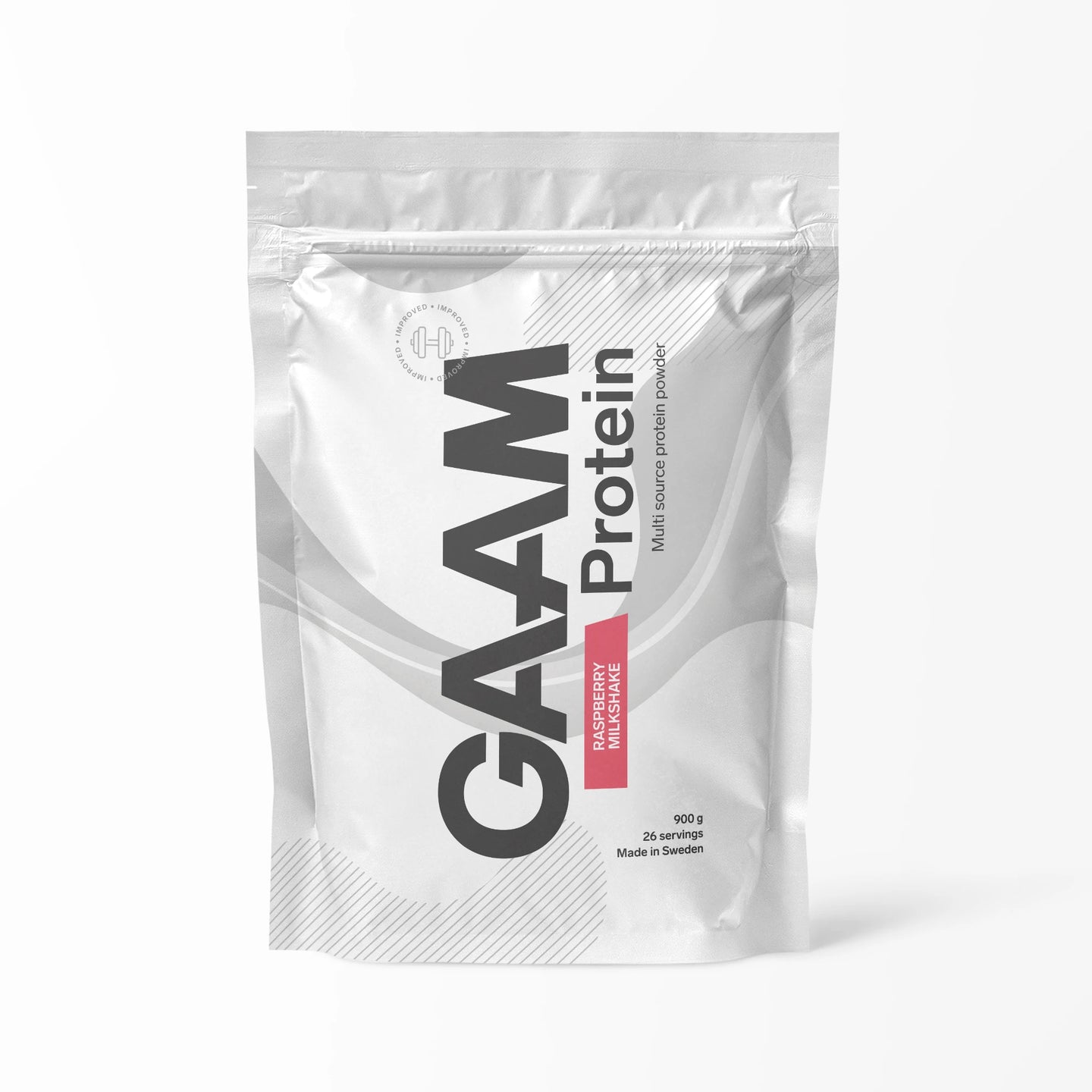 GAAM Protein 900 g -proteiinijauhe valkoisessa pussissa vaaleanpunaisilla yksityiskohdilla, makuna Raspberry Milkshake., kuva 6/6