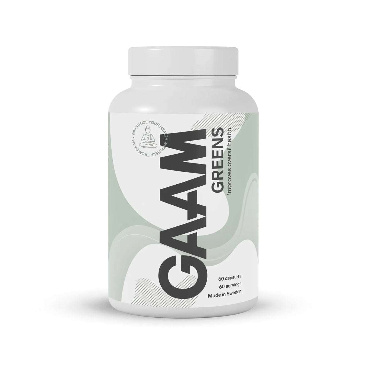 GAAM Greens 60 Caps -kapselit tyylikkäässä valkoisessa muovipurkissa, jossa on vaaleanvihreitä yksityiskohtia.