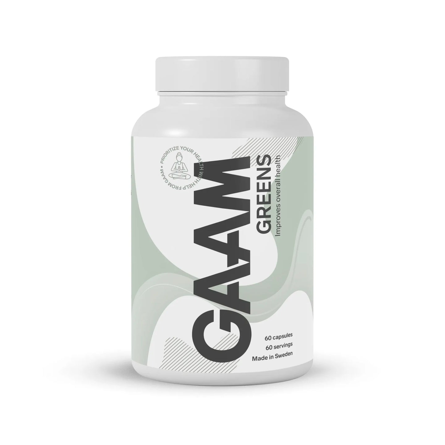 GAAM Greens 60 Caps -kapselit tyylikkäässä valkoisessa muovipurkissa, jossa on vaaleanvihreitä yksityiskohtia.