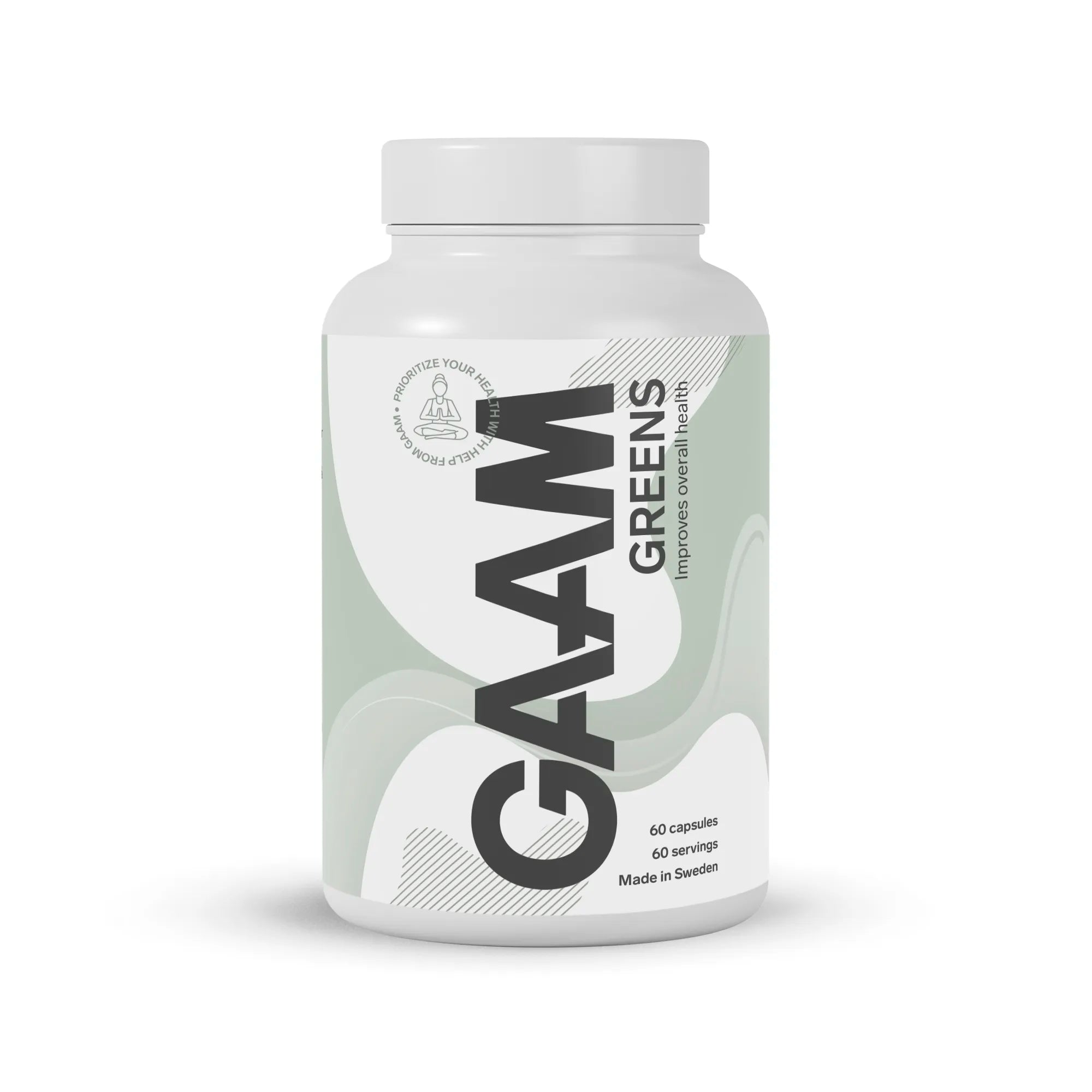 GAAM Greens 60 Caps -kapselit tyylikkäässä valkoisessa muovipurkissa, jossa on vaaleanvihreitä yksityiskohtia.