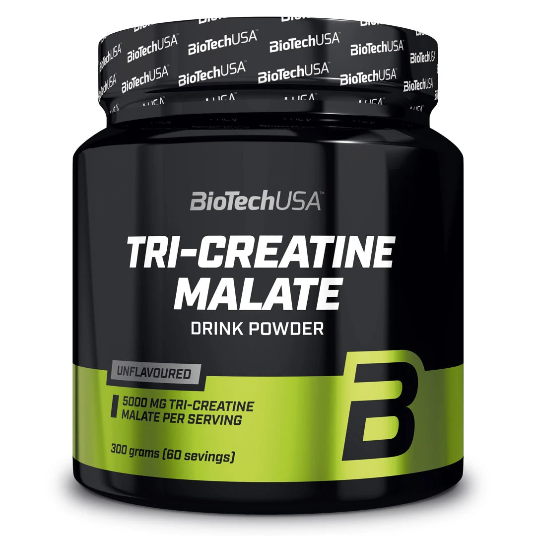 BioTechUSA Tri-Creatine Malate 300 g maustamaton kreatiinijauhe mustassa purkissa limenvihreillä yksityiskohdilla.