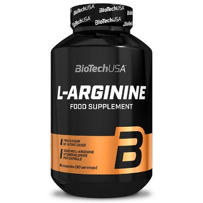 BioTechUSA L-Arginin 90 caps -ravintolisä mustassa purkissa mustilla ja oransseilla yksityiskohdilla.