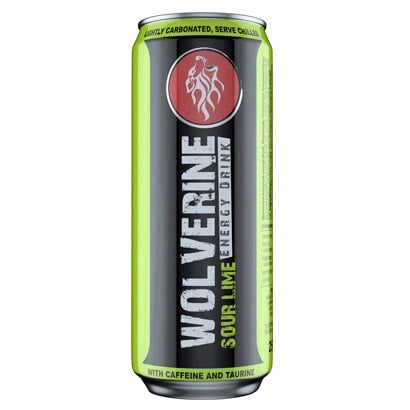Wolverine Energy Drink 250 ml -energiajuoma mustassa ja limenvihreässä tölkissä, makuna Sour Lime.