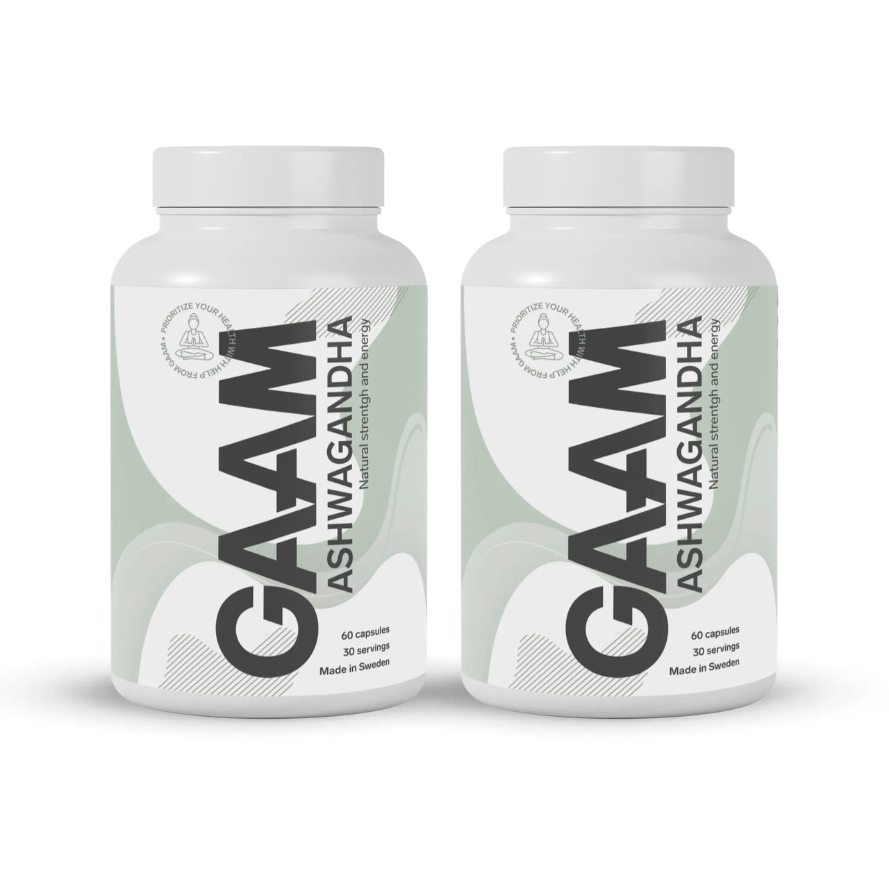 2 x GAAM Ashwagandha 60 caps -ravintolisä kahdessa valkoisessa purkissa harmailla ja mustilla yksityiskohdilla.