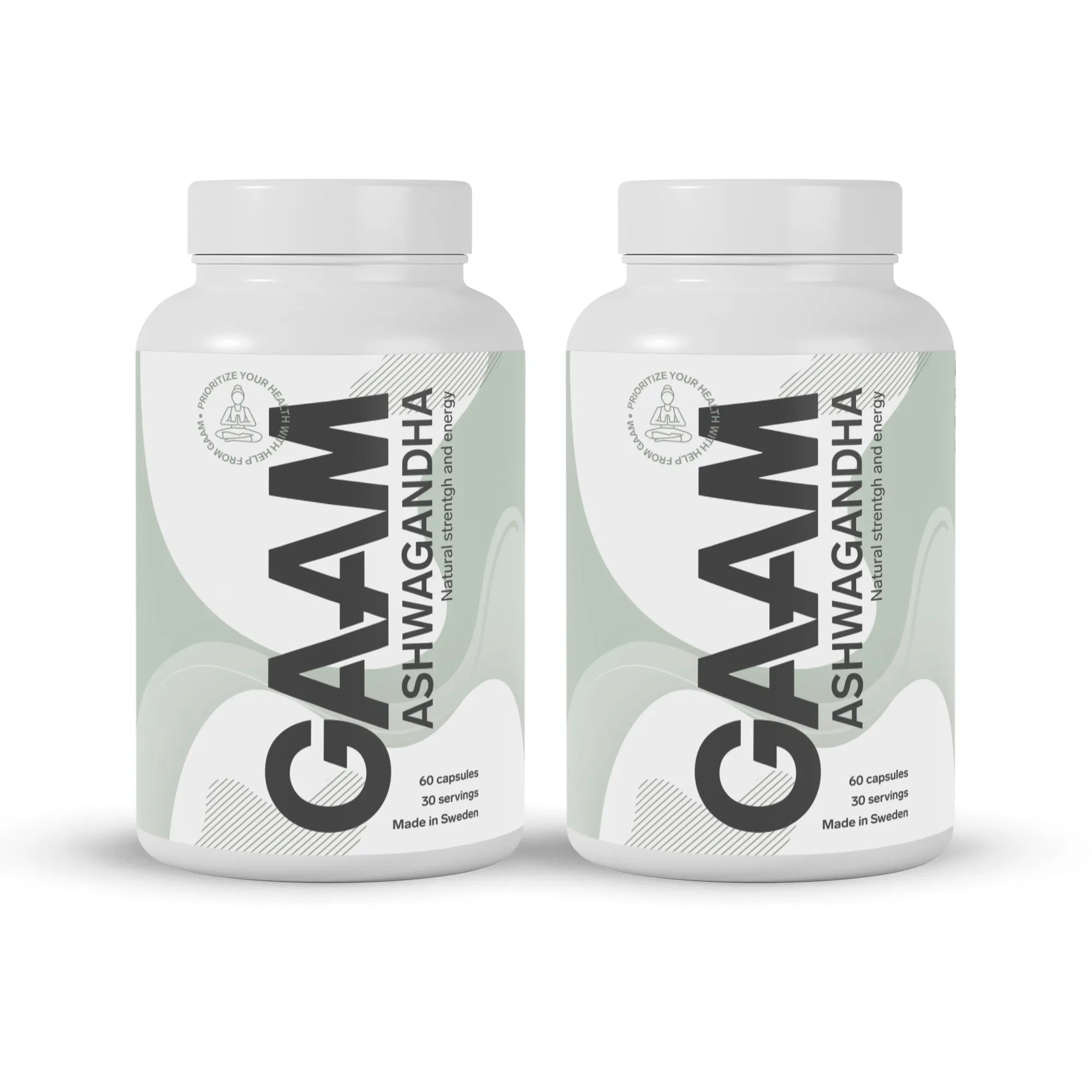 2 x GAAM Ashwagandha 60 caps -ravintolisä kahdessa valkoisessa purkissa harmailla ja mustilla yksityiskohdilla.