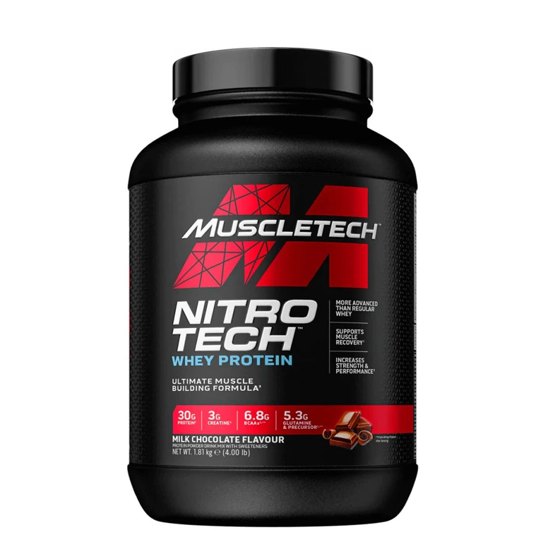 MuscleTech Performance Series Nitro-Tech 1.8 kg -proteiinijauhe mustassa purkissa punaisella tekstillä, maku Milk Chocolate.