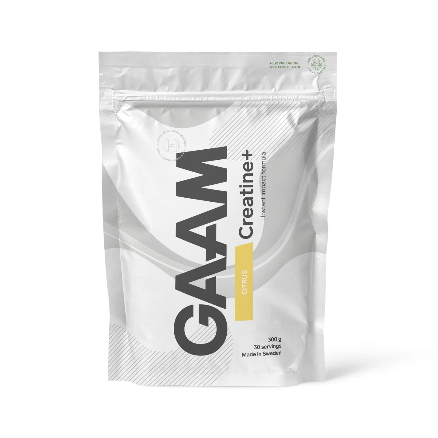 GAAM Creatine+ 300 g -kreatiinijauhe valkoisessa pussissa, jossa on keltainen alue Citrus-maulle.