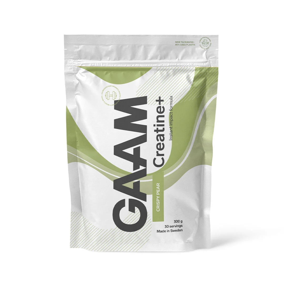 GAAM Creatine+ Kreatiini 300 g -kreatiinijauhe valkoisessa pussissa vihreillä yksityiskohdilla, makuna Crispy Pear.