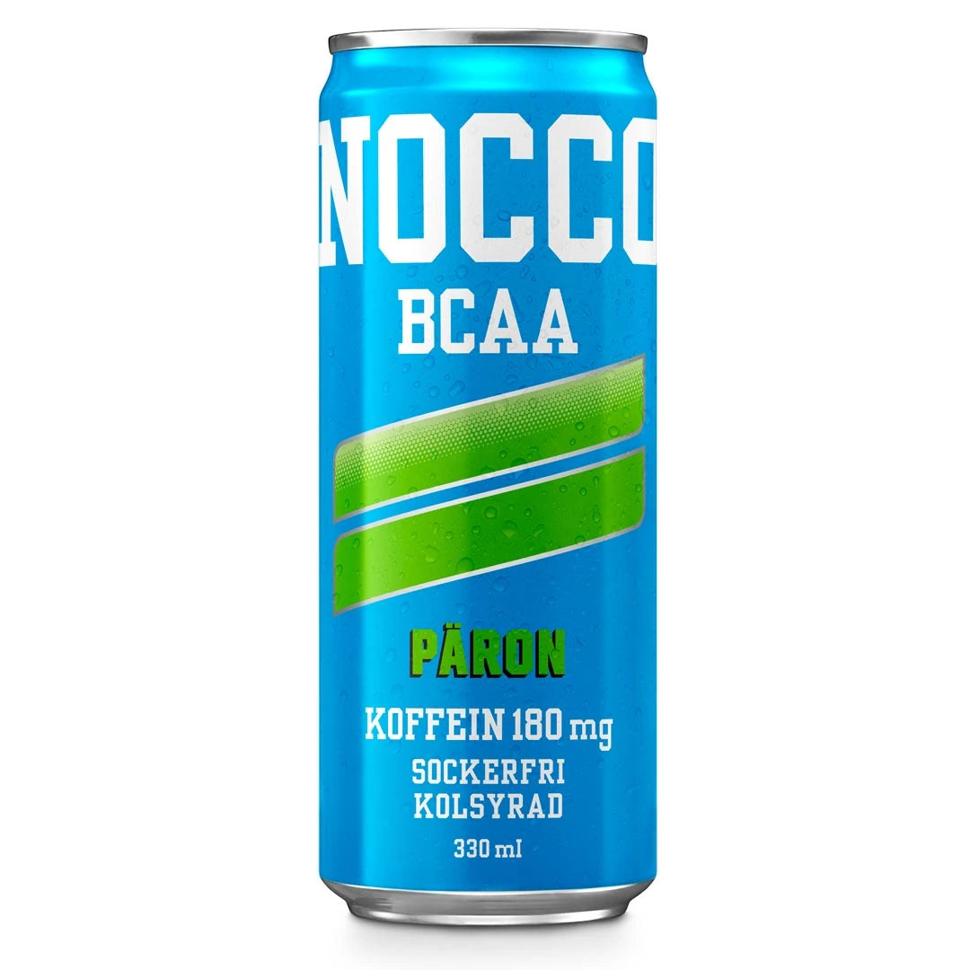 Vaaleansininen NOCCO BCAA 330 ml -energianjuomatölkki vihreillä yksityiskohdilla, makuna Päron.