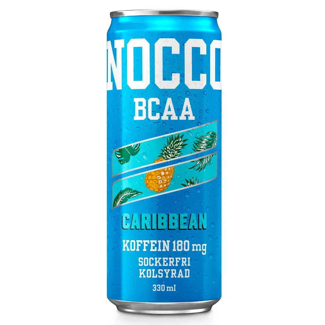 Sininen tölkki NOCCO BCAA 330 ml -energiajuomaa, makuna Caribbean.
