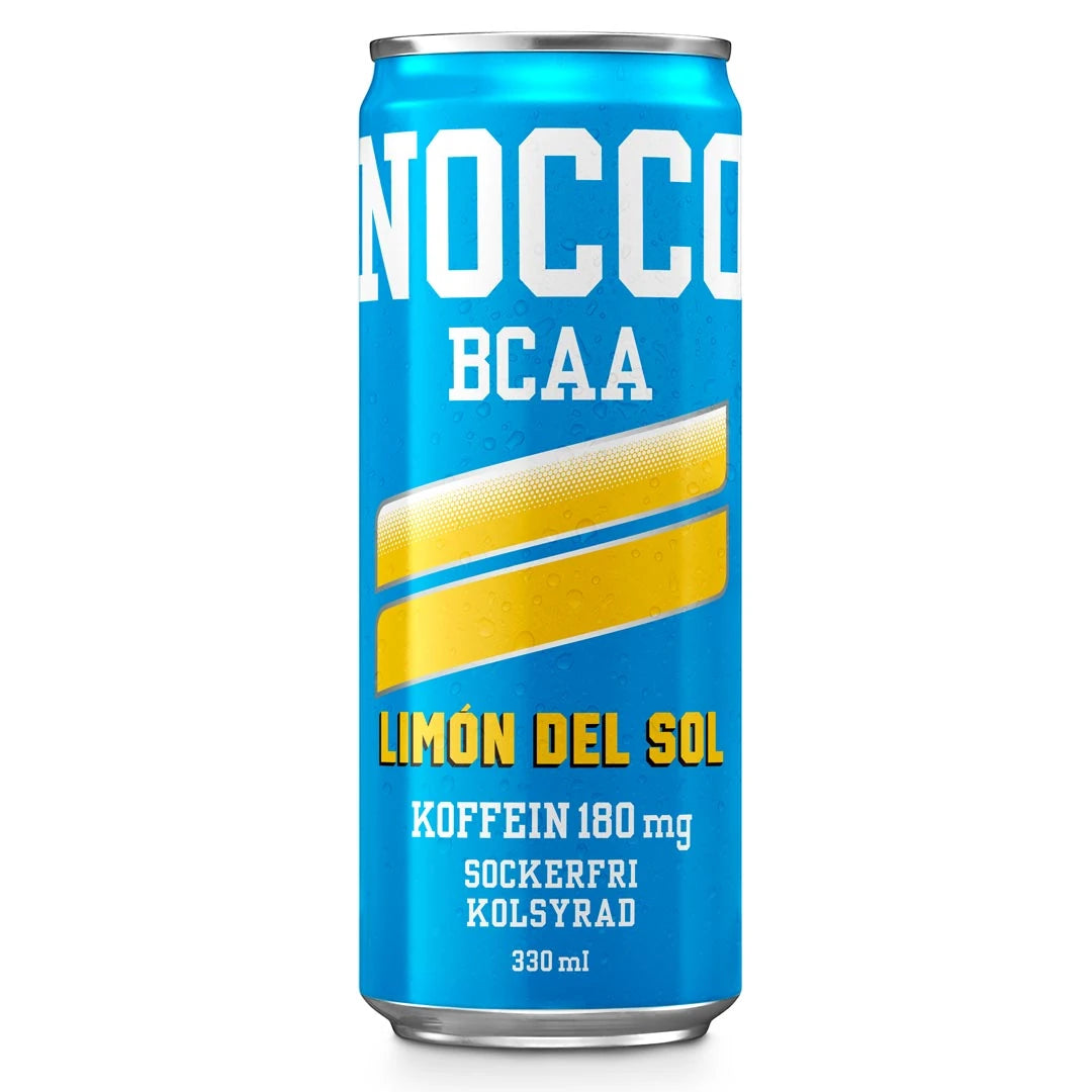 Sininen tölkki NOCCO BCAA 330 ml -energiajuomaa, makuna Limón Del Sol.