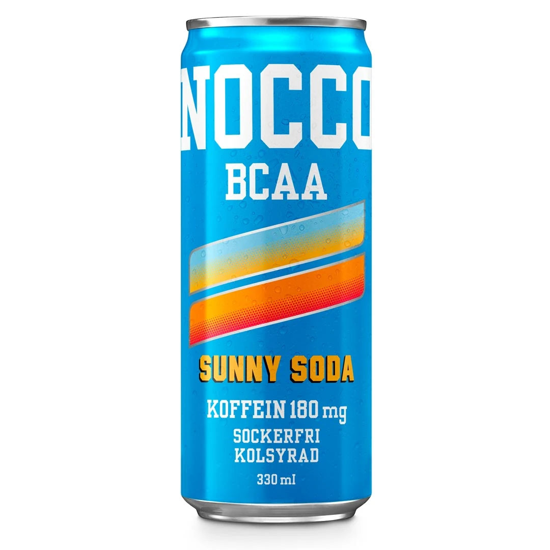 NOCCO BCAA 330 ml -energiajuoma vaaleansinisessä tölkissä, makuna Sunny Soda.