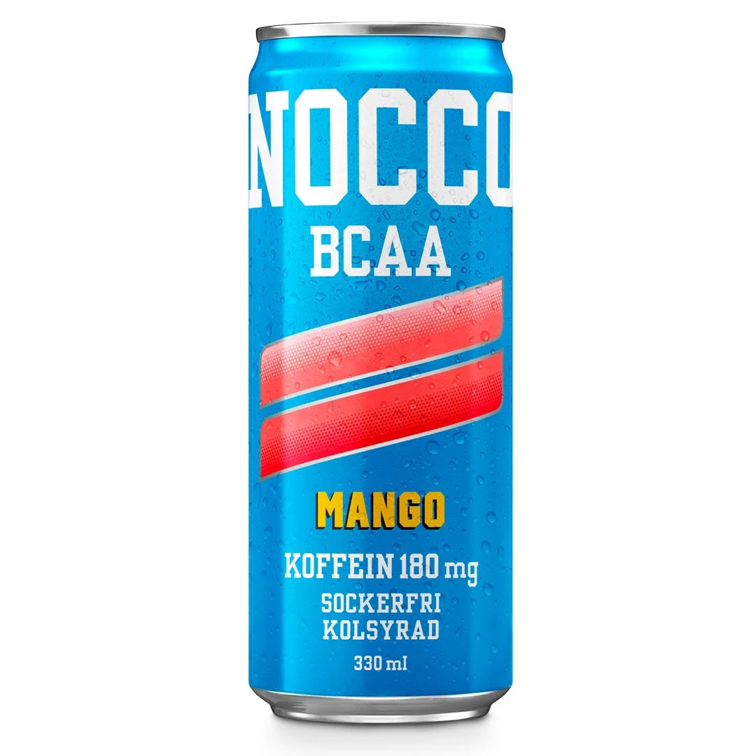 Vaaleansininen tölkki NOCCO BCAA 330 ml -energiajuomaa makuna Mango.