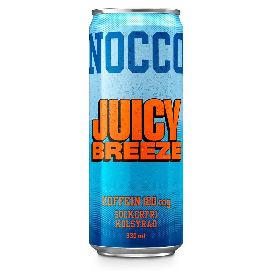 Vaaleansininen NOCCO BCAA 330 ml -tölkki oransseilla yksityiskohdilla, makuna Juicy Breeze.