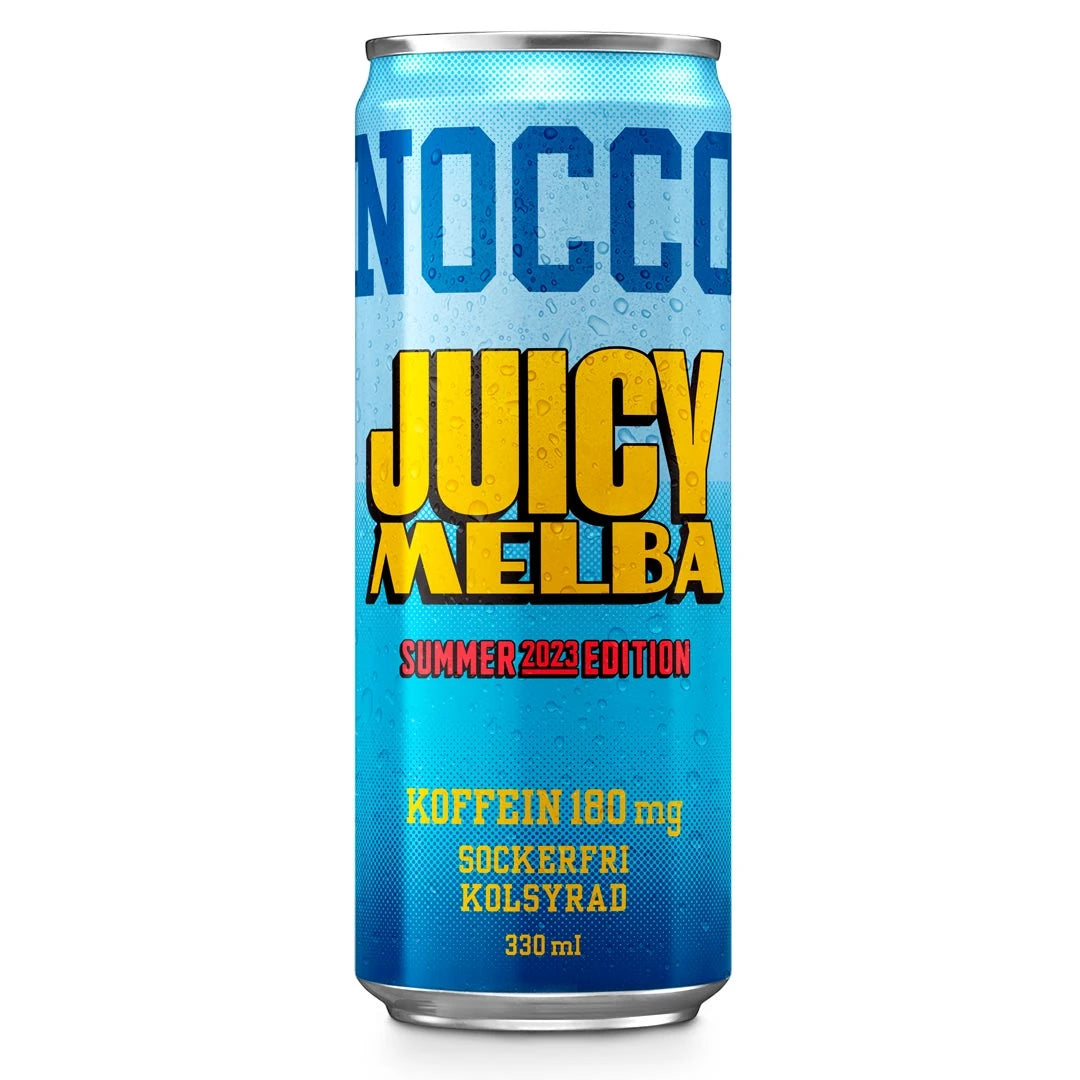NOCCO BCAA 330 ml -energiaravintojuoama Juicy Melba -maussa, vaaleansinisessä alumiinitölkissä.