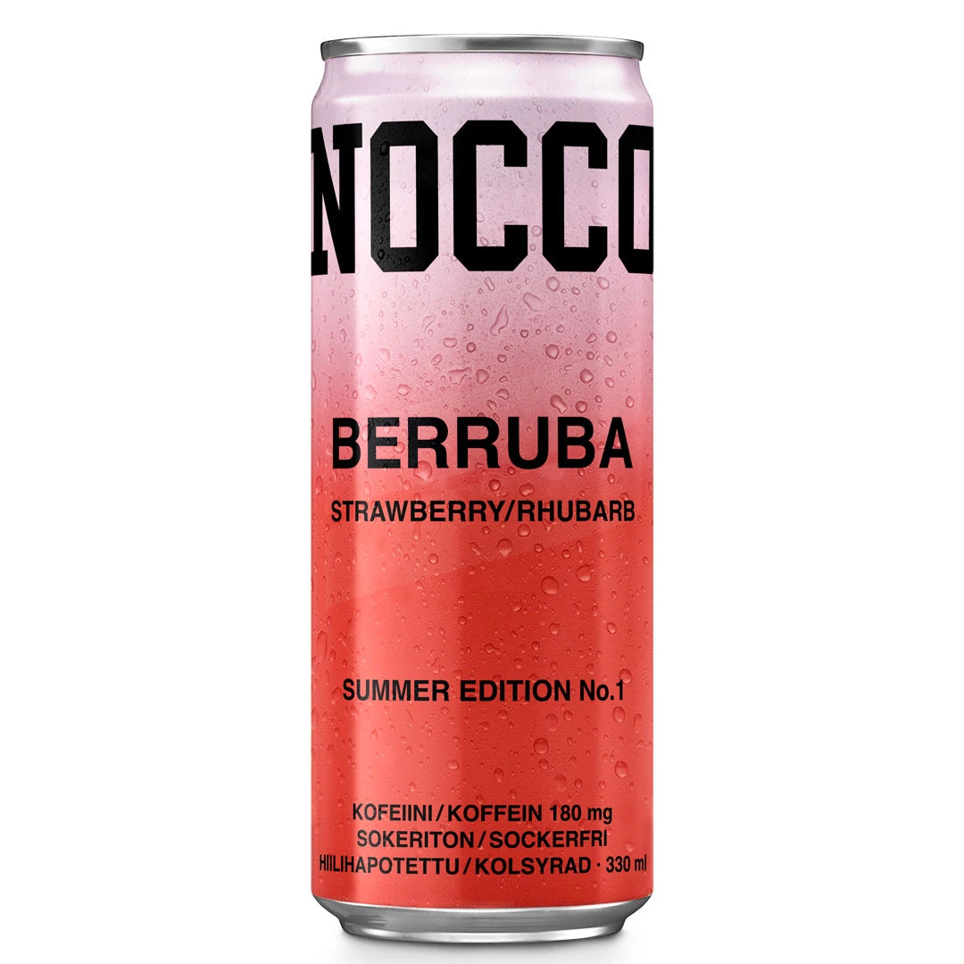 Vaaleanpunainen, huurteinen tölkki NOCCO BCAA 330 ml -energiajuomaa maussa Berruba.