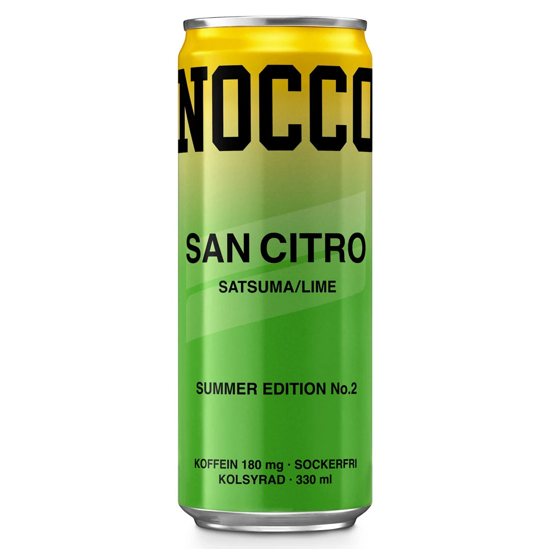 NOCCO BCAA 330 ml -energiajuoma vihreä-keltaisessa tölkissä, makuna San Citro.