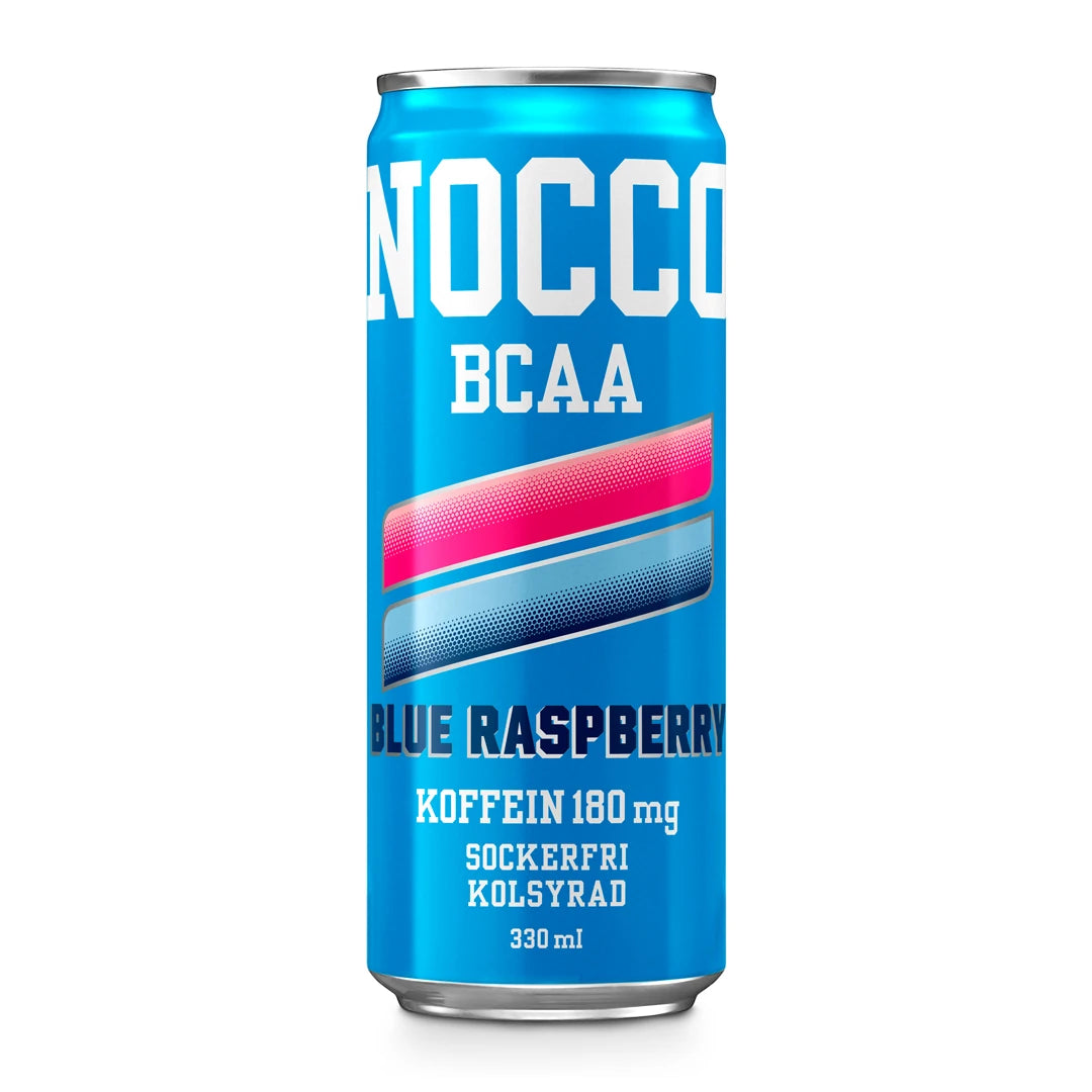 Sininen tölkki NOCCO BCAA 330 ml -energianjuomaa, makuna Blue Raspberry.