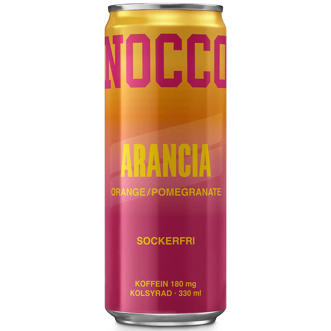 Kelta-pinkki tölkki Arancia-makuista NOCCO BCAA 330 ml -energiajuomaa.