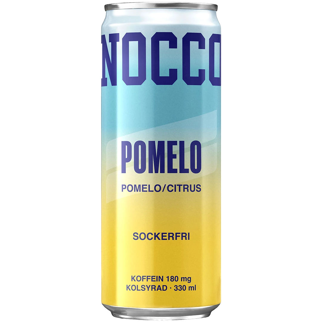 Sini-keltainen tölkki NOCCO BCAA 330 ml -energianjuomaa, makuna Pomelo Citrus.