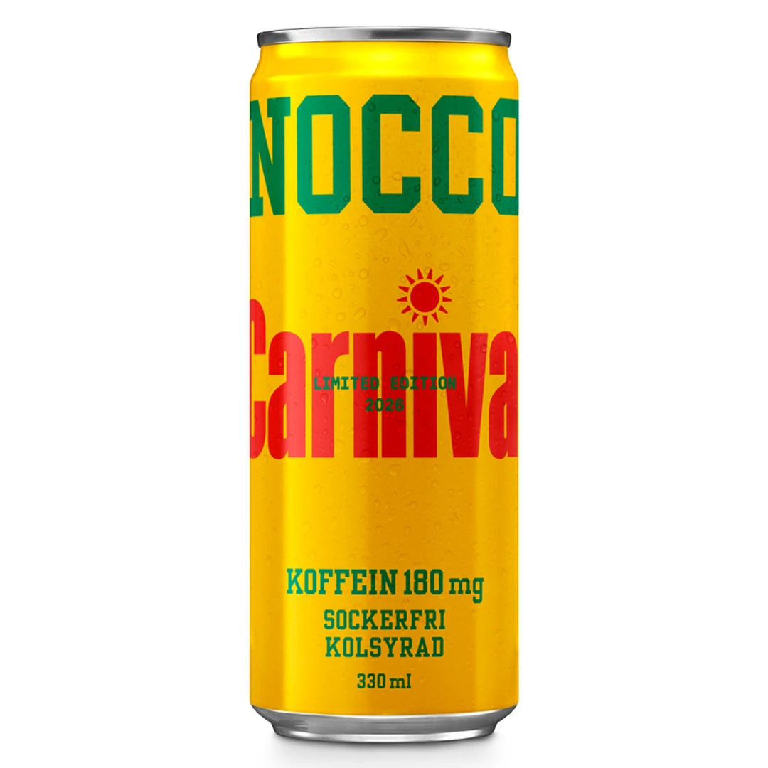 Keltainen NOCCO BCAA 330 ml -tölkki Carnival-maussa punaisilla ja vihreillä yksityiskohdilla.