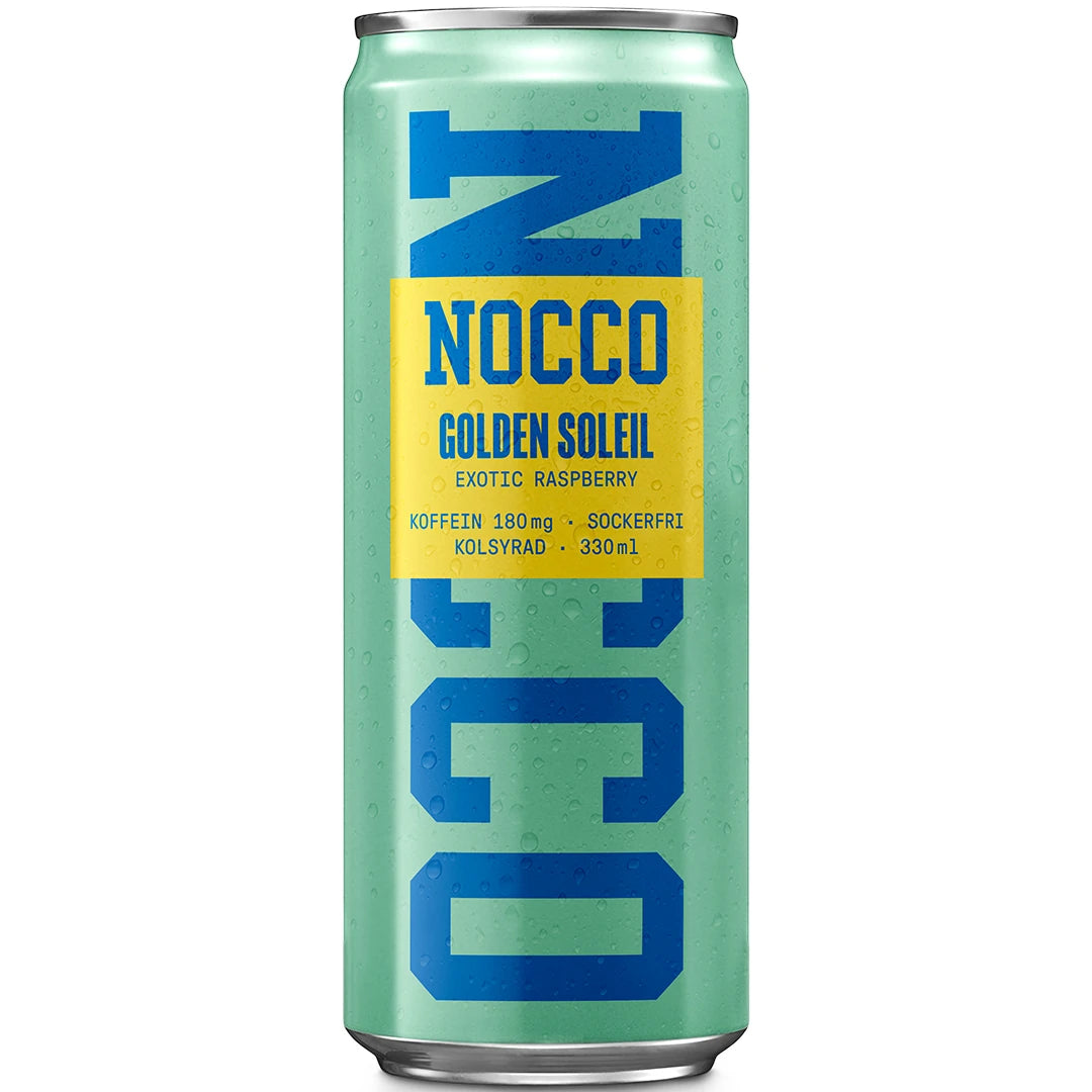 Vaaleanvihreä NOCCO BCAA 330 ml -energiajuomatölkki, makuna Golden Soleil Exotic Raspberry.