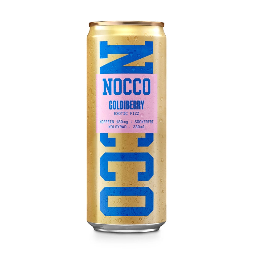 Kultainen tölkki NOCCO BCAA 330 ml -energiajuomaa, jossa on sininen logo ja makuna Goldiberry.