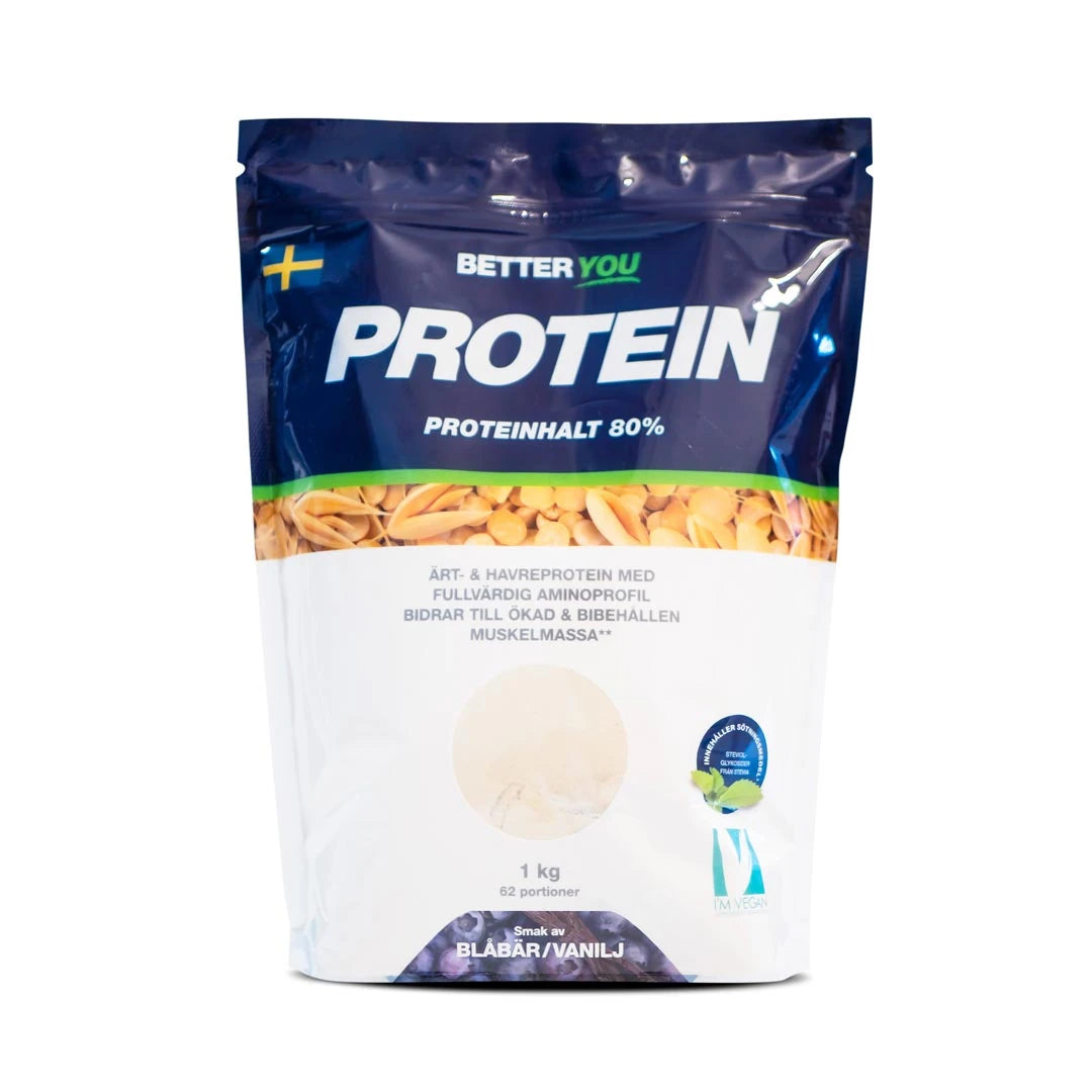 Valkoinen ja tummansininen pussi vegaanista Better You Ärt & Havreprotein 1 kg -proteiinijauhetta, makuna mustikka-vanilja.