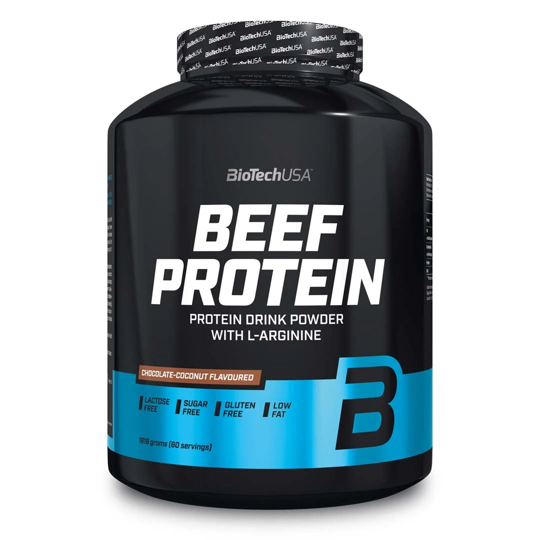 BioTechUSA Beef Protein 1.816 kg -proteiinijauhe mustassa purkissa sinisillä yksityiskohdilla, makuna Chocolate Coconut.
