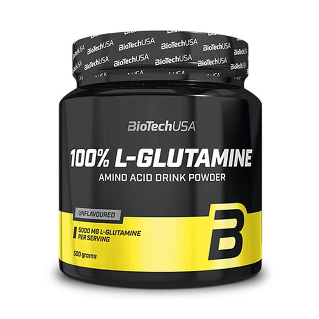 BioTechUSA 100% L-glutamine 500 g -aminohappo mustassa purkissa keltaisilla yksityiskohdilla, makuna Unflavoured.
