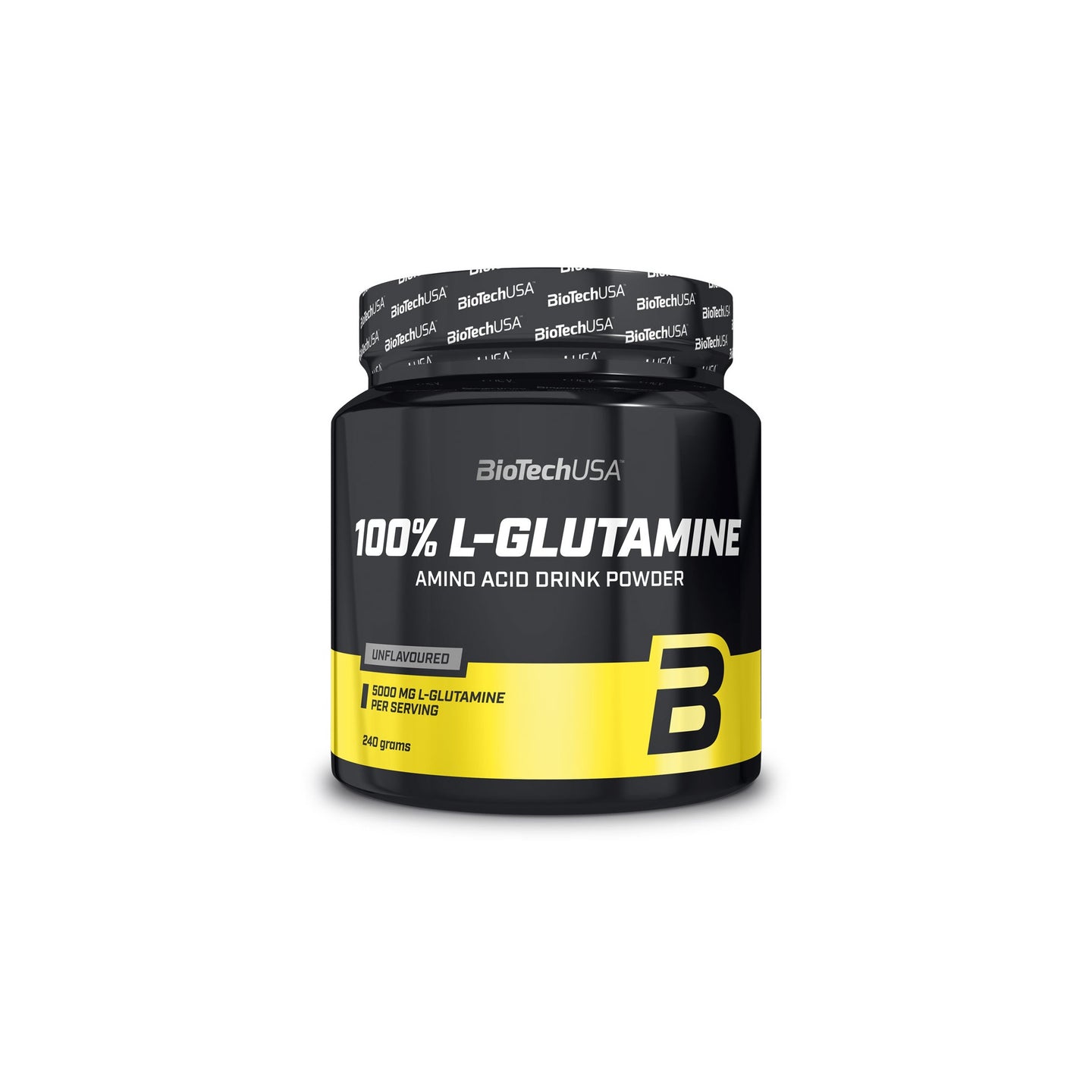 BioTechUSA 100% L-glutamine 240 g -aminohappojauhe mustassa purkissa keltaisilla yksityiskohdilla, maustamaton., kuva 1/1