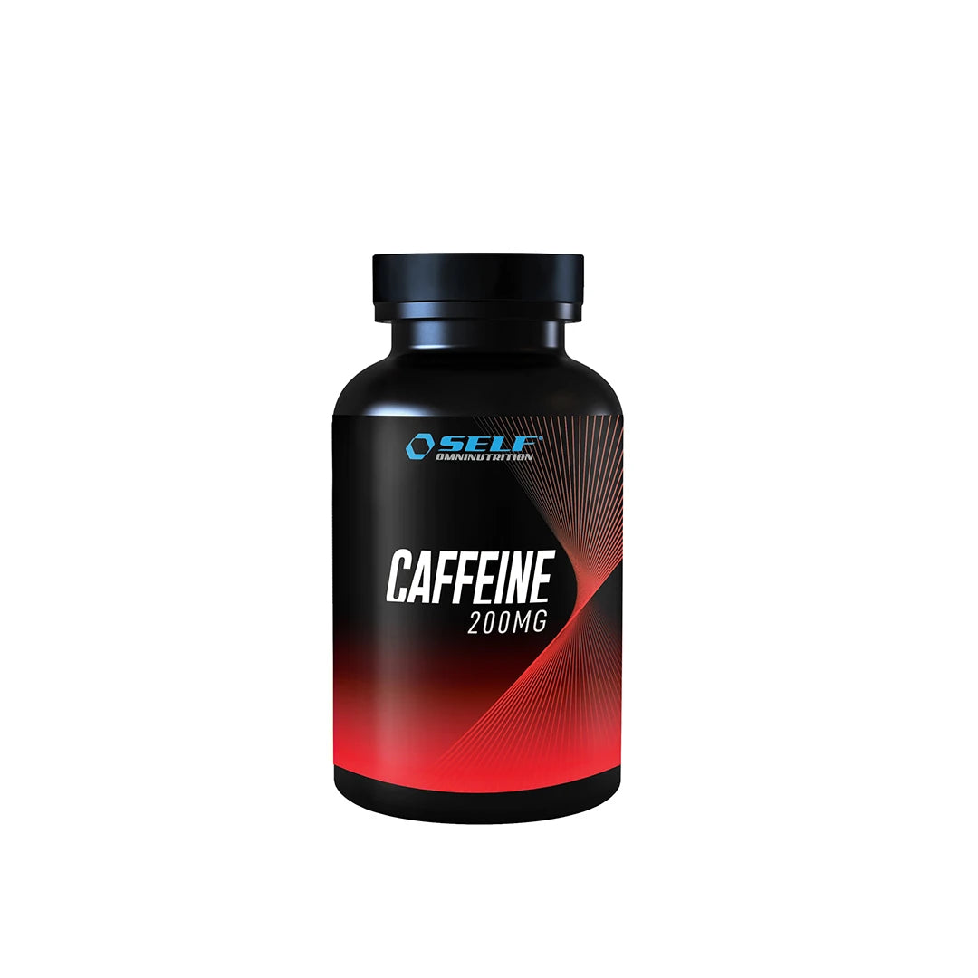 Self Omninutrition Caffeine 100 tabs mustassa purkissa, jonka etiketissä on punaisia ja valkoisia yksityiskohtia.