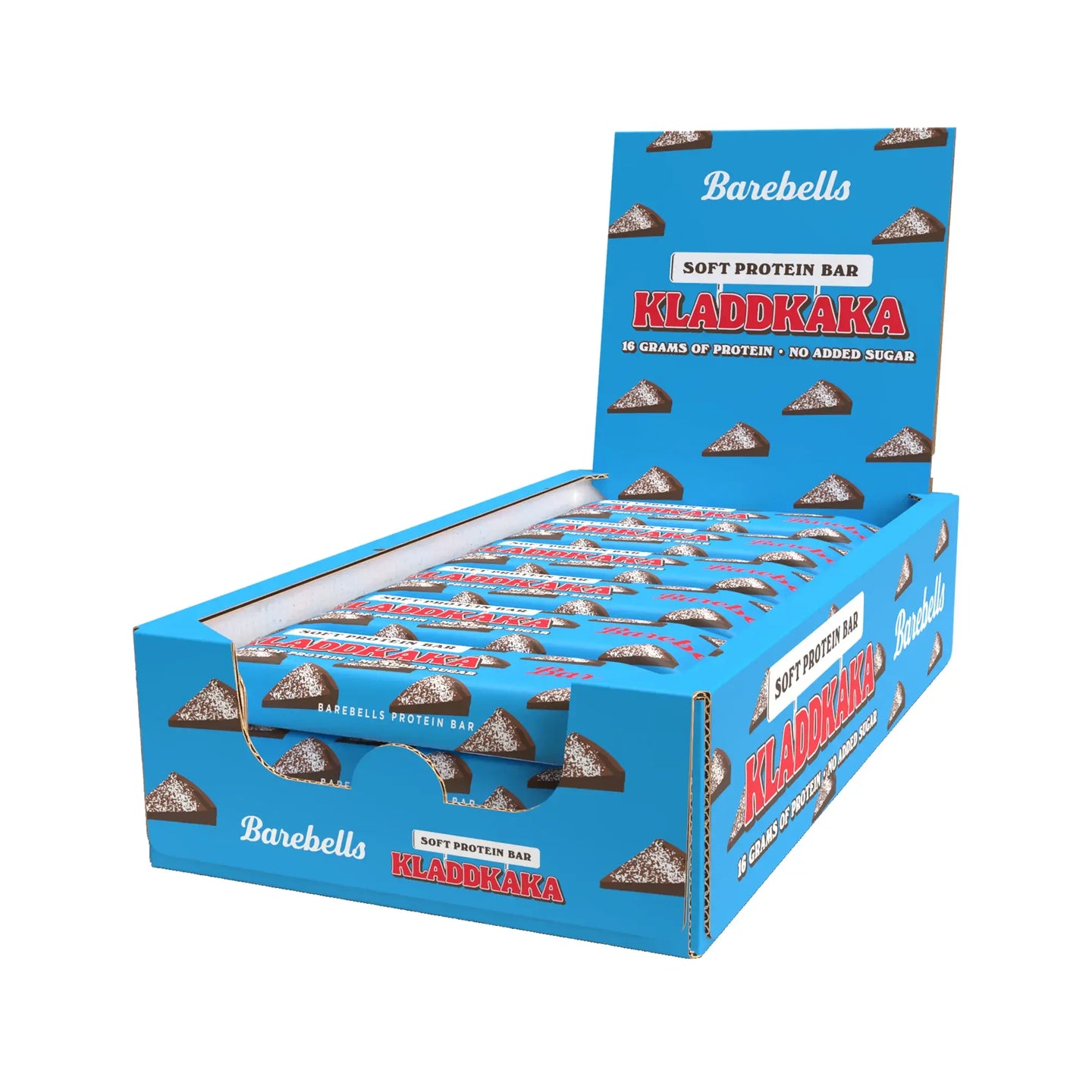 12 x Barebells Soft Protein Bar 45 g Kladdkaka sinisessä esittelylaatikossa, jossa on mutakakkuviipaleiden kuvia., kuva 1/1
