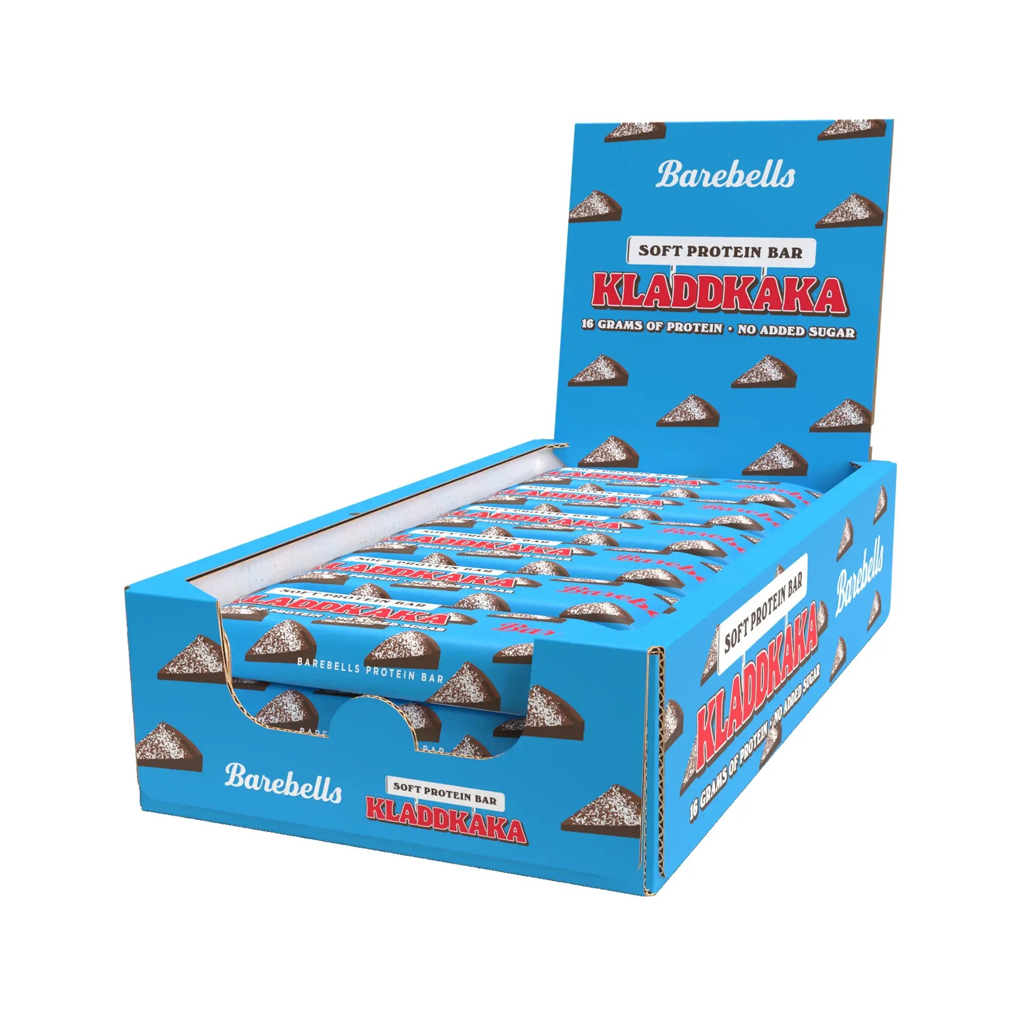 12 x Barebells Soft Protein Bar 45 g Kladdkaka sinisessä esittelylaatikossa, jossa on mutakakkuviipaleiden kuvia., kuva 1/1