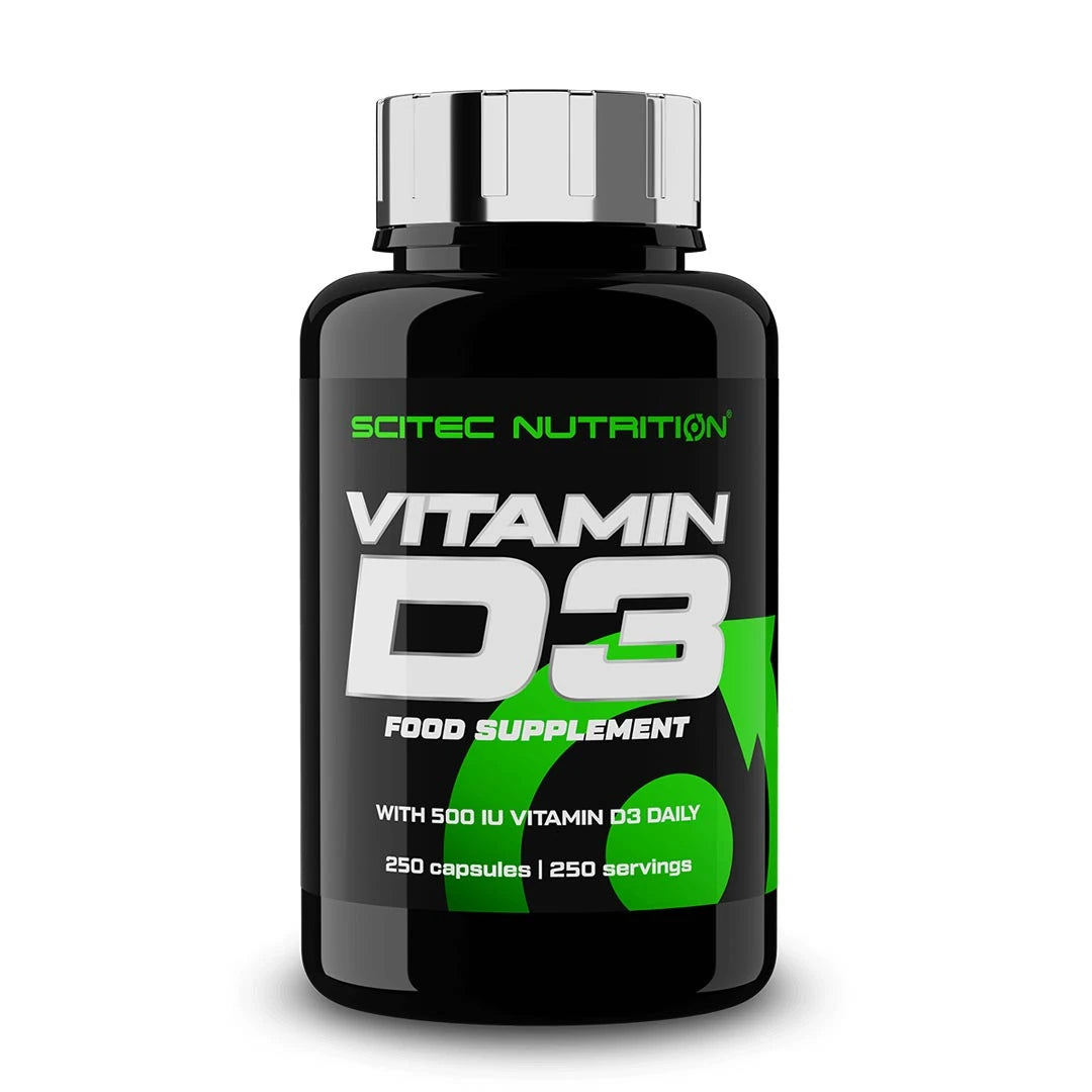 Scitec Nutrition Vitamin D3 250 caps -ravintolisä mustassa purkissa hopeisella kannella ja vihreällä tekstillä.