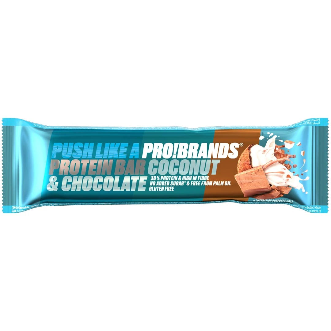 Pro Brands Proteinbar 45 g vaaleansinisessä ja ruskeassa pakkauksessa, makuna Coconut &amp; Chocolate., kuva 3/5