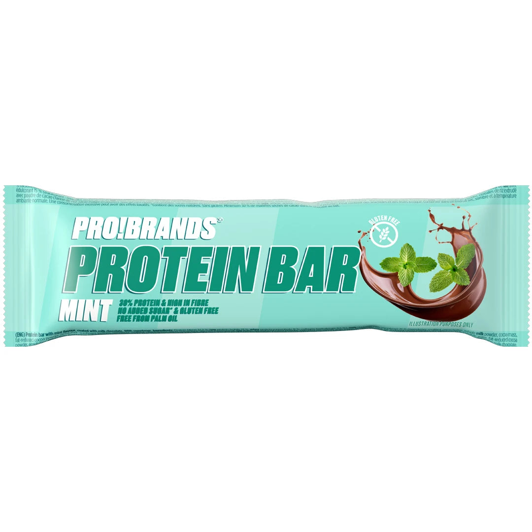 Pro Brands Proteinbar 45 g vaaleansinisessä pakkauksessa, jossa on suklaata ja mintunlehtiä, makuna Mint., kuva 5/5