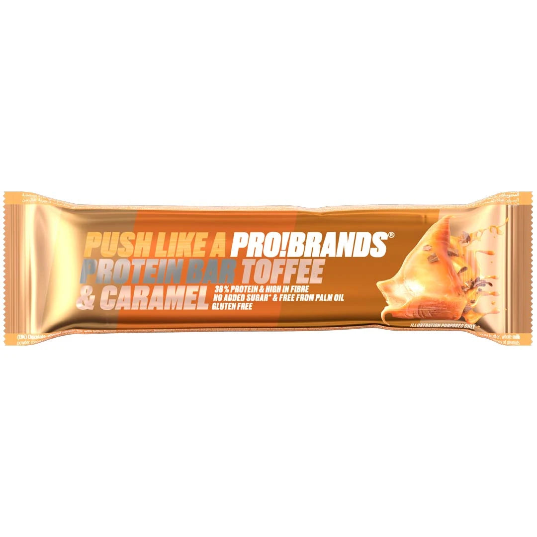 Pro Brands Proteinbar 45 g kullan- ja oranssinvärisessä kääreessä, makuna Toffee Caramel.