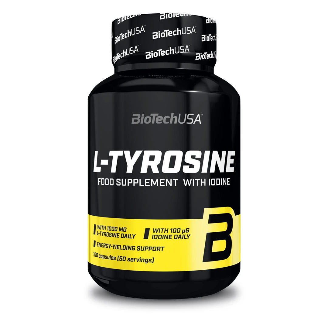 BioTechUSA L-tyrosine 100 caps -ravintolisä mustassa purkissa, jossa on keltaisia ja valkoisia yksityiskohtia.