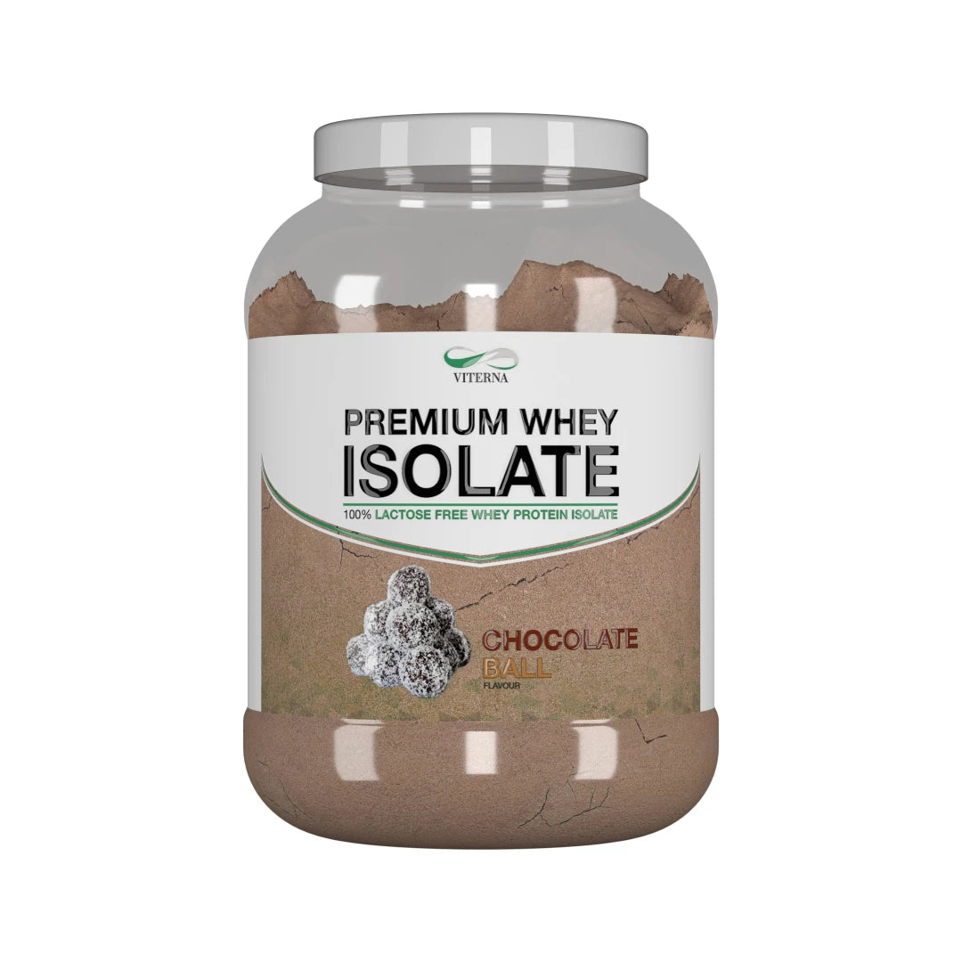 Viterna 100% Premium Whey Isolate 900 g -proteiinijauhe läpinäkyvässä purkissa valkoisella kannella, makuna Chocolate Ball., kuva 4/4