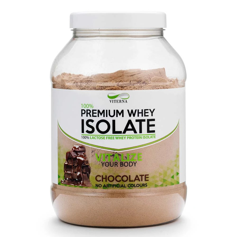 Viterna 100% Premium Whey Isolate 900 g -proteiinijauhe läpinäkyvässä purkissa, makuna suklaa., kuva 1/4
