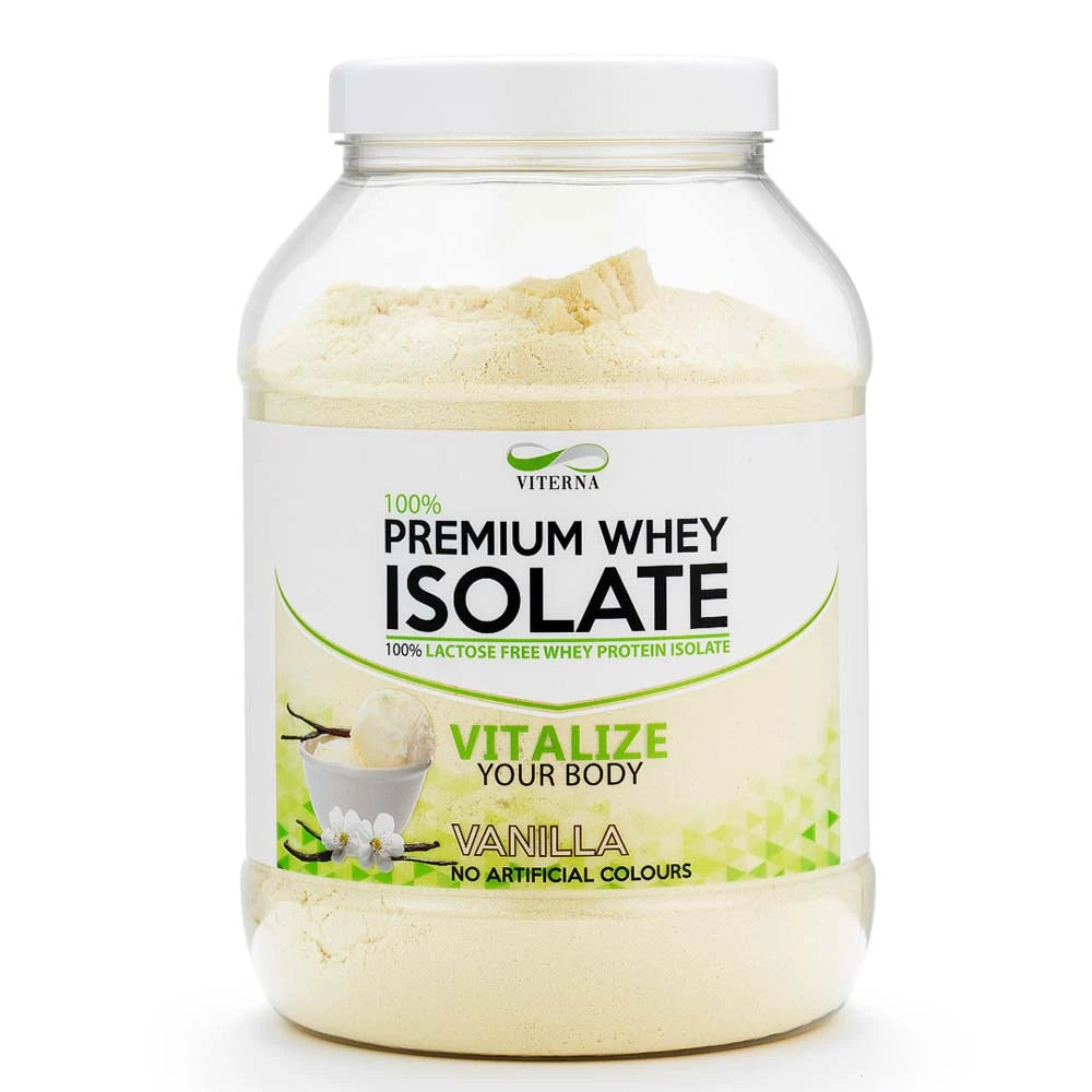 Viterna 100% Premium Whey Isolate 900 g läpinäkyvässä muovipurkissa vihervalkoisella etiketillä, makuna Vanilla., kuva 2/4
