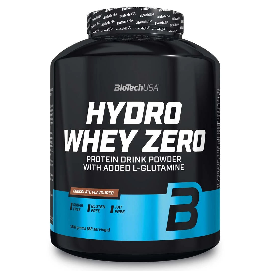 Musta purkki BioTechUSA Hydro Whey Zero 1.8 kg -proteiinijauhetta sinisillä yksityiskohdilla, makuna Chocolate.