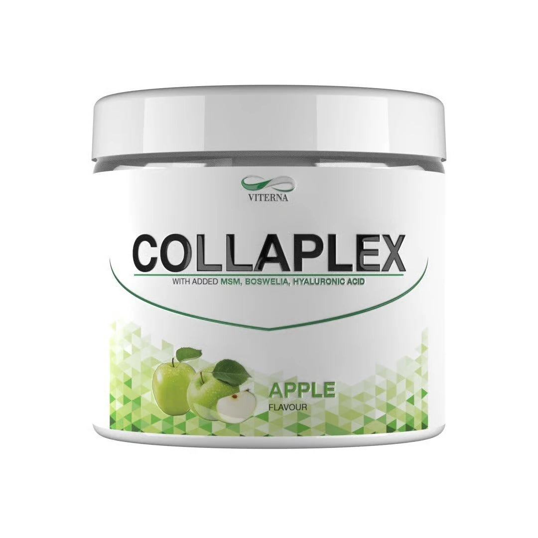 Viterna Collaplex Powder 400 g -kollageenijauhe valkoisessa purkissa vihreillä yksityiskohdilla ja omenakuviolla.