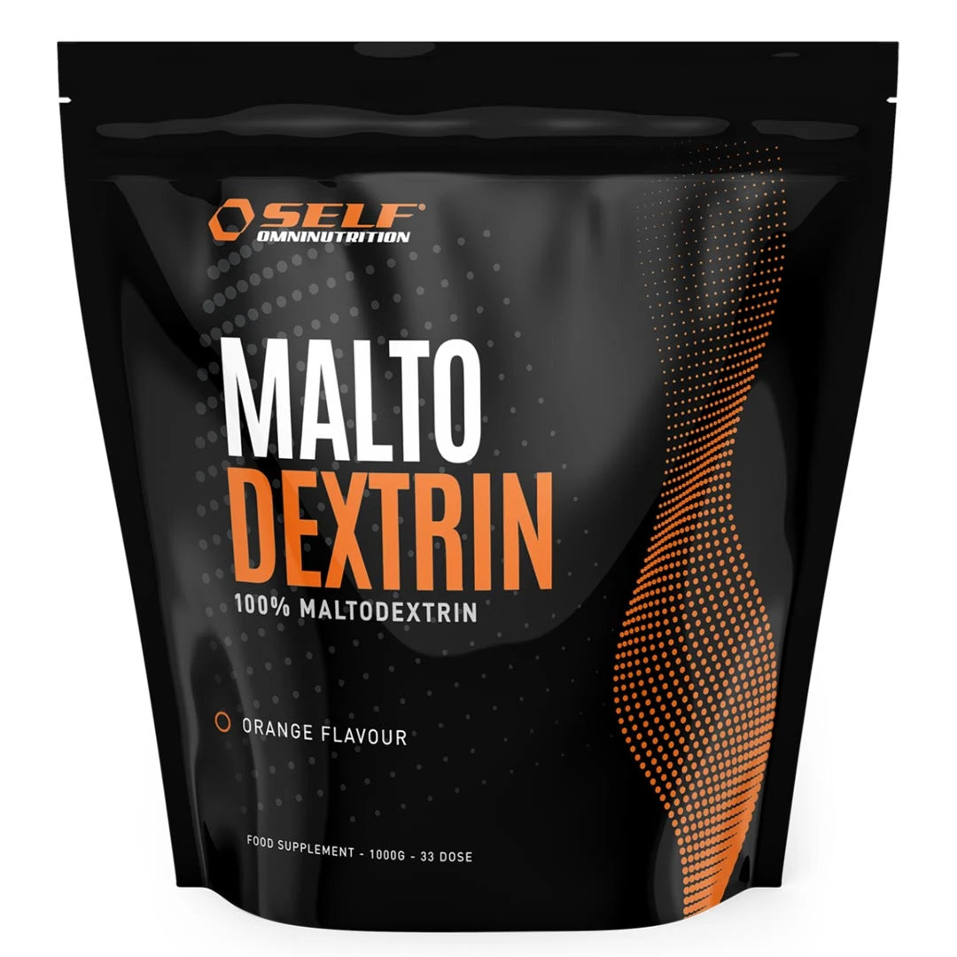 Self Omninutrition Maltodextrin 1 kg -hiilihydraattijauhe mustassa pussissa oransseilla yksityiskohdilla.